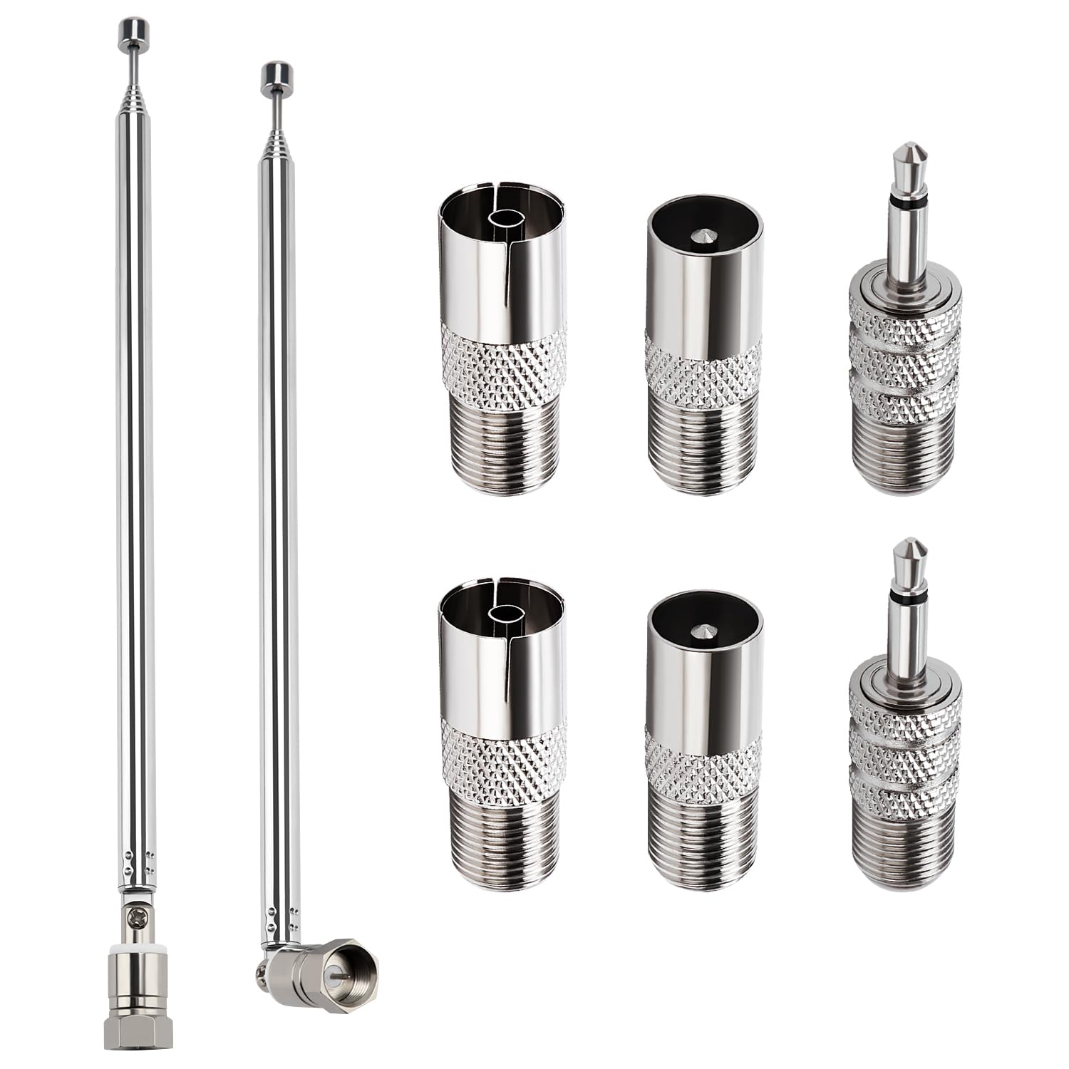 VooGenzek 2 PCS 100cm 7-Section Telescopic DAB Radio Aerial Antenna, FM Aerial Indoor Antenna 75 Ohm, F Type Male Plug Connector ​with 6 Adapters, for Table Top Radio, HiFi AV Stereo Receiver System