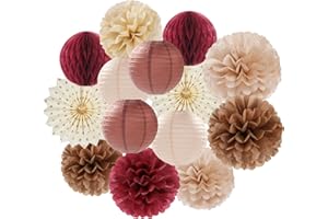 Brown Burgundy Champagne Boho Party-Decorations - 14pcs Rustic Wedding Paper Lanterns Fan,Tissue Pom Poms Streamers,Honeycomb,Fall Autumn Birthday Baby Bridal Shower Engagement Decor Lasting Surprise