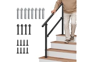 YADSUNY Hand Rails for Outdoor Steps, 4 Step Stair Handrail with Updated Structure, Fits 1 to 4 Steps, Wrought Metal Iron Stair Railing for Concrete Steps, Porch Steps, One-Step Assembly, Black