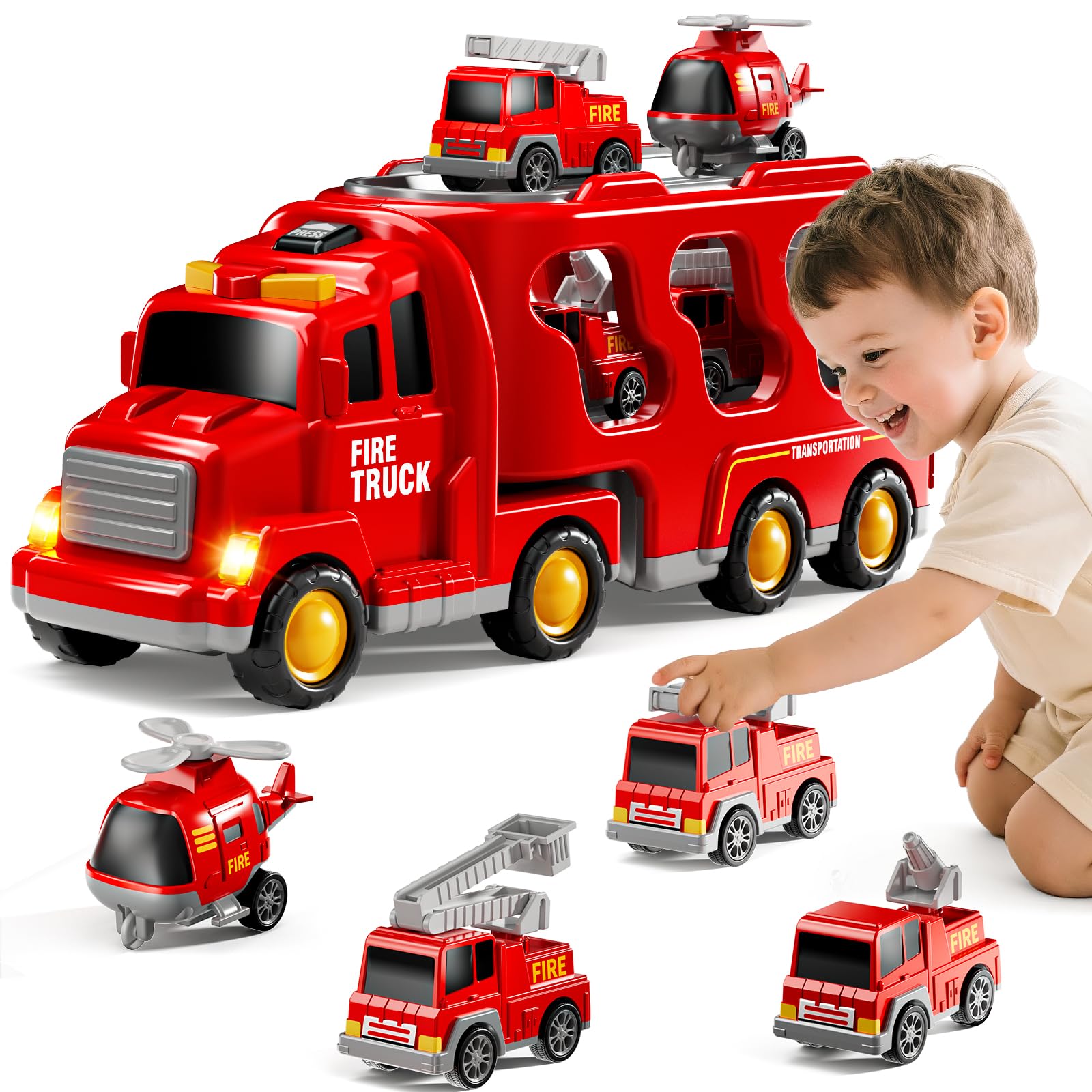 KIZONLY Fire Truck Toys for Toddler 1-3 3-5, 5-in-1 Fire Car Carrier Vehicle Set for Girls 1 2 3 4 5 6 Years Old, Transport Car with Light Sound, Birthdays Gifts for Kids Girls Aged 3-9