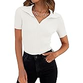ZESICA Women's Short Sleeve V Neck T Shirts 2026 Summer Ribbed Knit Slim Fitted Basic Solid Color Tee Tops