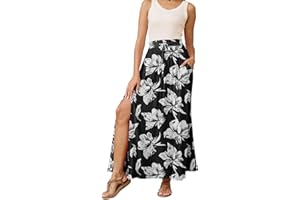HERBATOMIA Women’s Maxi Skirt Flowy Elastic Waisted A-Line High Slit Long Skirts for Women with Pockets