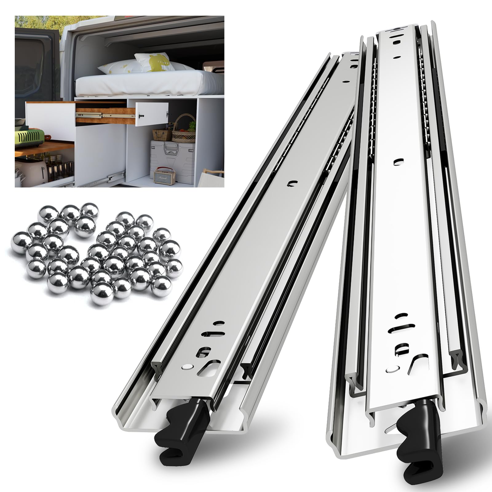 NECILO Heavy Duty Drawer Runner with Lock, 550mm Silver 68kg Load Capacity Drawer Slides, Full Extension Ball Bearing, Suitable for Motorhome and Large Storage Cabinets, Side Mount, 1 Pair(2 Packs)