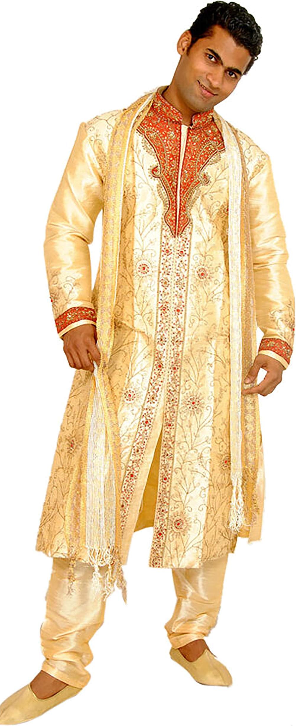 Apparelsonline Gold Men's Sherwani Silk Designer Indian Wedding Party Wear