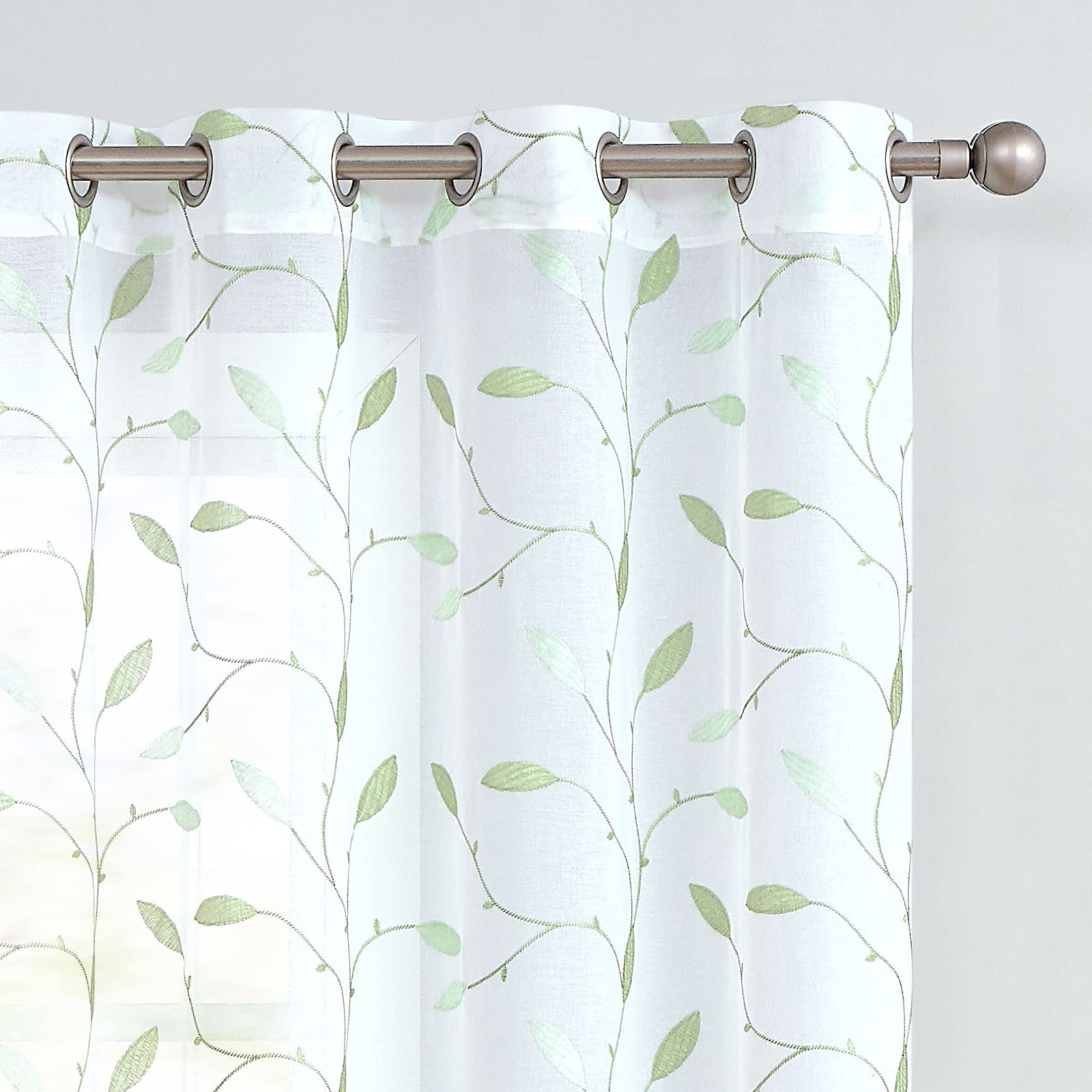 Lazzzy Embroidered Sheer Curtains Floral Leaf White Sheer Curtain for Bedroom Living Room Kitchen Rustic Voile Drapes Privacy Window Treatment Set of 2 Panels 96 Inches Long Grommet Top Green on White