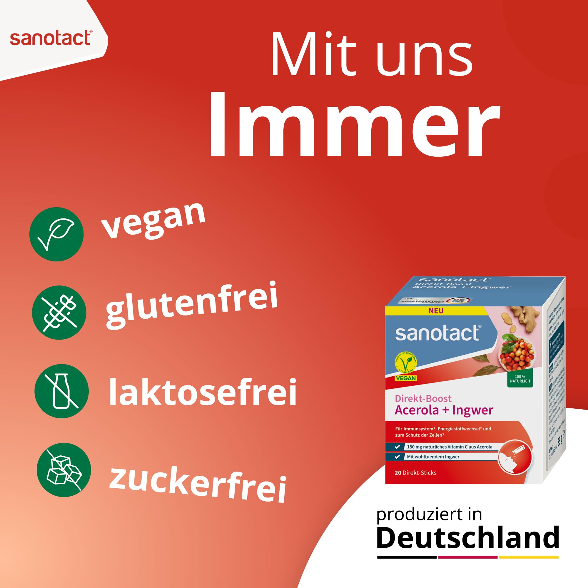 sanotact® Direkt-Boost Acerola + Ingwer | 20 Sticks | 180 mg natürliches Vitamin C aus Acerola | mit Ingwer-Extrakt | Immun­system & Zellschutz¹ | vegan, zuckerfrei, glutenfrei, laktosefrei 5
