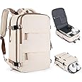 coofay Large Travel Backpack Carry on Flight Approved Mochila De Viaje Personal Item Travel Bag Backpacks for Men Women Carry on Backpack for Airplanes 18x14x8 Inches Travel Bag Beige with Brown