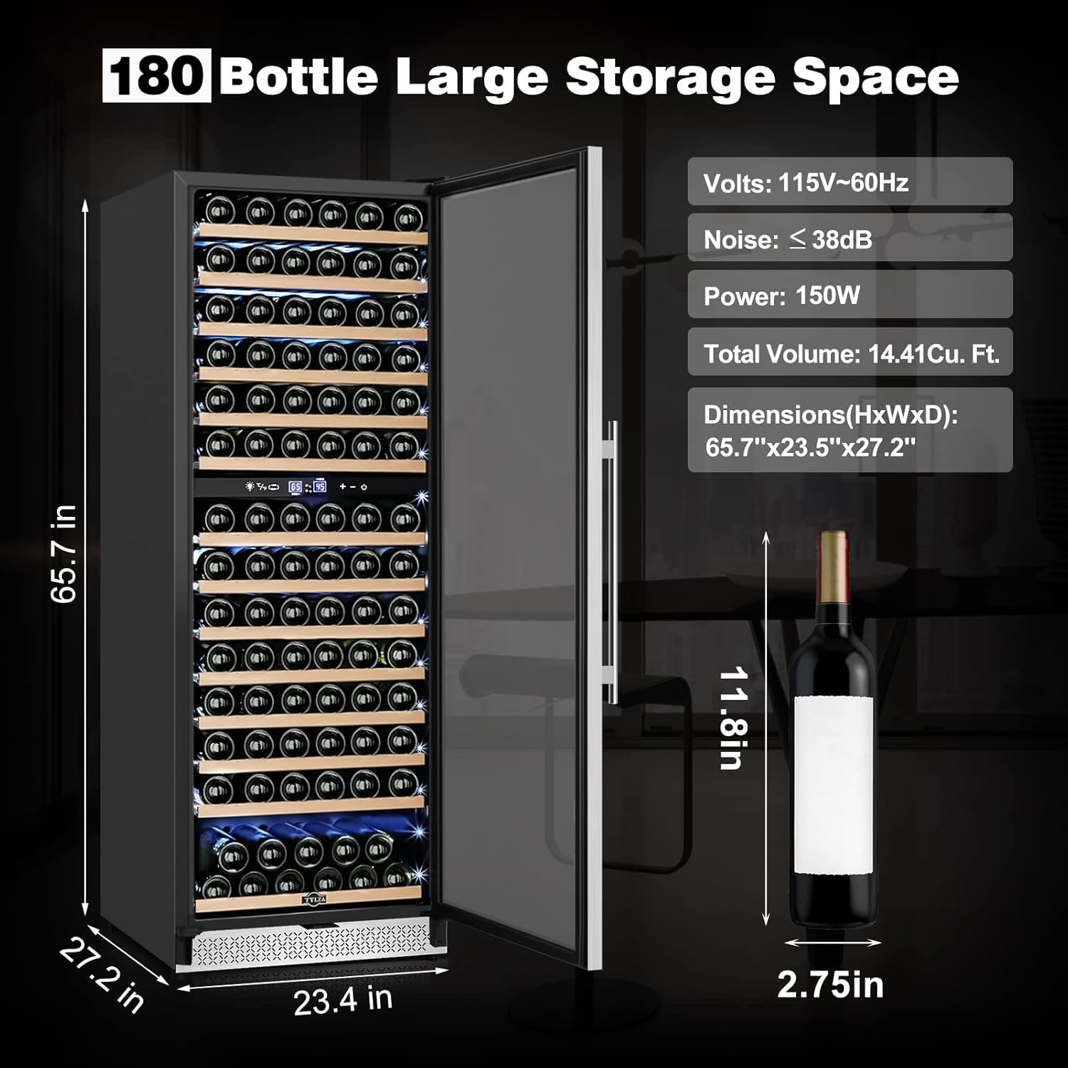 Tylza 24 Inch Wine Fridge Dual Zone, 180 Bottle Wine Cooler Refrigerator With Stainless Steel and Professional Compressor, Fast Cooling Low Noise and No Fog Built-in or Freestanding
