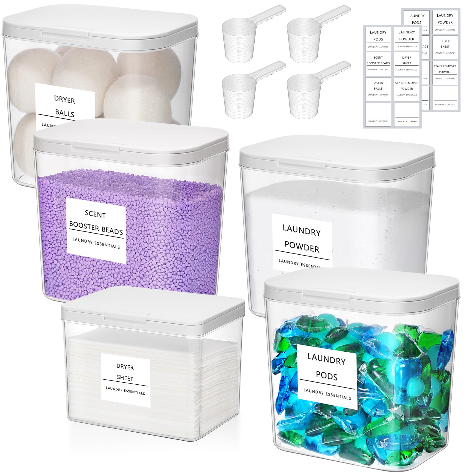 Photo 1 of Lifewit 4+1 Laundry Pods Container & Dryer Sheet Holder, Large Powder Detergent Dispenser Storage Jars, Laundry Room Containers for Scent Booster Beads with Pop up Lids, Labels and Scoop