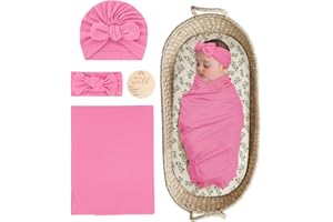 ZURLEFY Stretchy Baby Swaddle Blanket and Headband Set, Newborn Receiving Blankets with Matching Hat for Nursery Swaddle Wrap