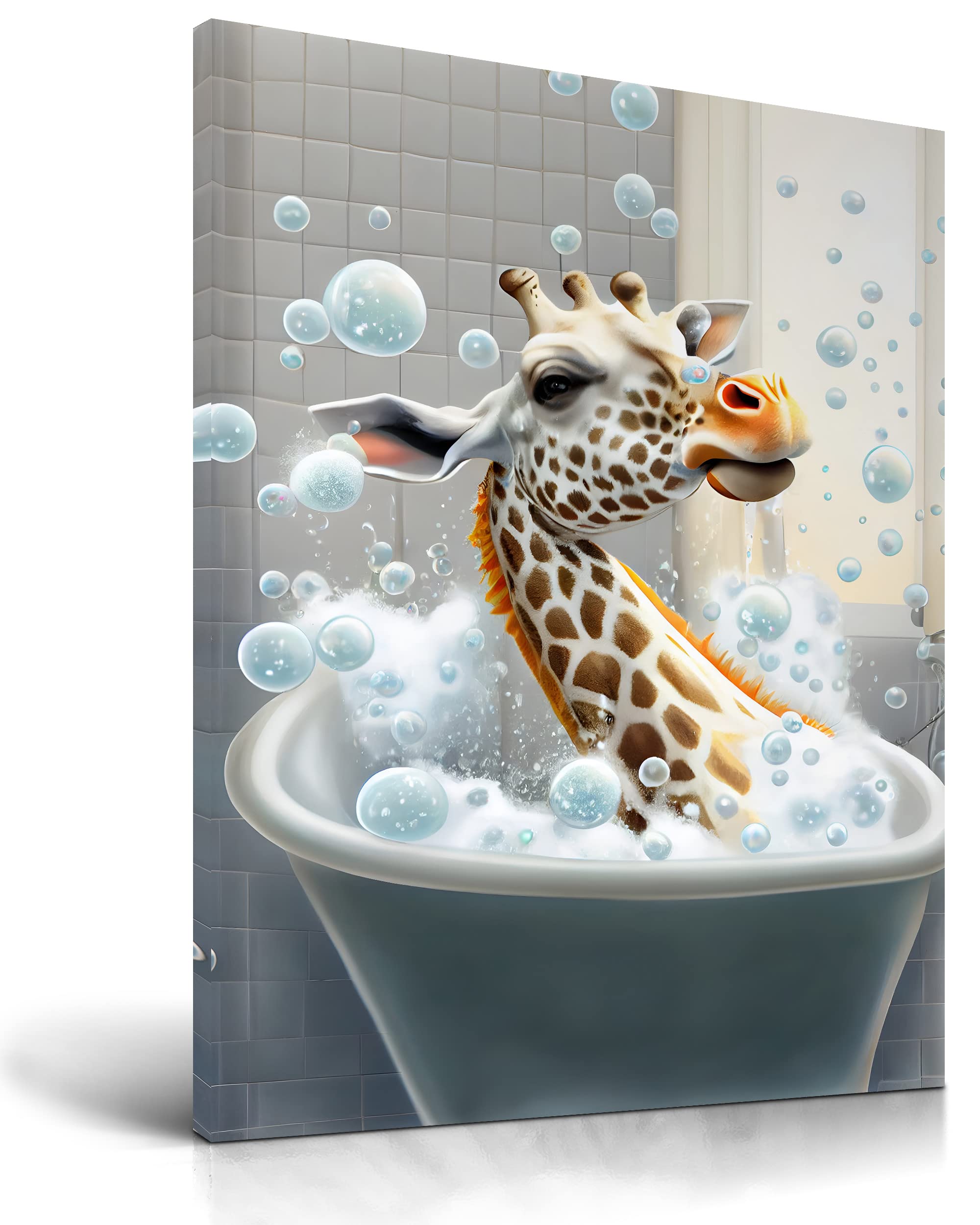 UPWOIGH Funny Bathroom Wall Art, Colorful Giraffe Wall Decor, Waterproof Wood Framed Canvas Wall Art Bathing Animals Abstract Prints, 30x40CM High-end Pictures for Bedroom Kids Room Dormitory 1 Pack