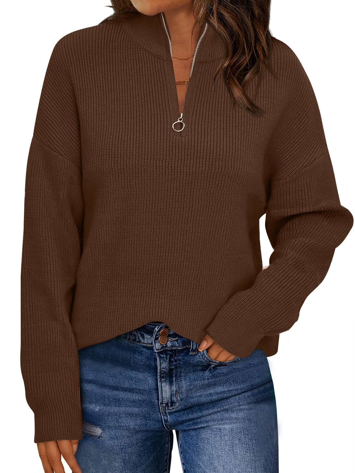 Photo 1 of *****SIZE SMALL FITS LOOSE*****LILLUSORY Women's Quarter Zip Oversized Sweater 2025 Mock Turtleneck Fall Fashion Outfit Chocolate Brown S