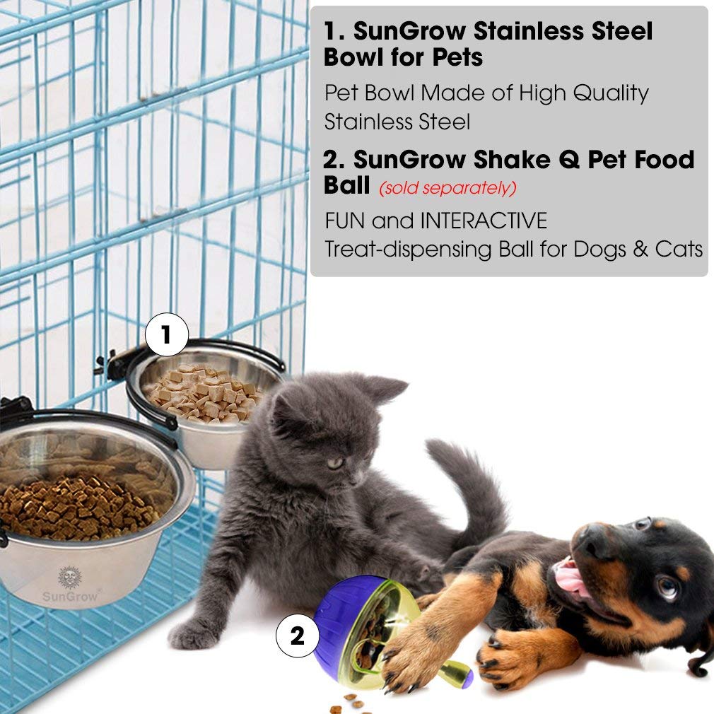 2 Stainless Steel Bowl for Pets by SunGrow: Easily attaches to cage; Perfect for Cats and Dogs; Simple removal; Reduce water and food spills; 30 oz/20 oz