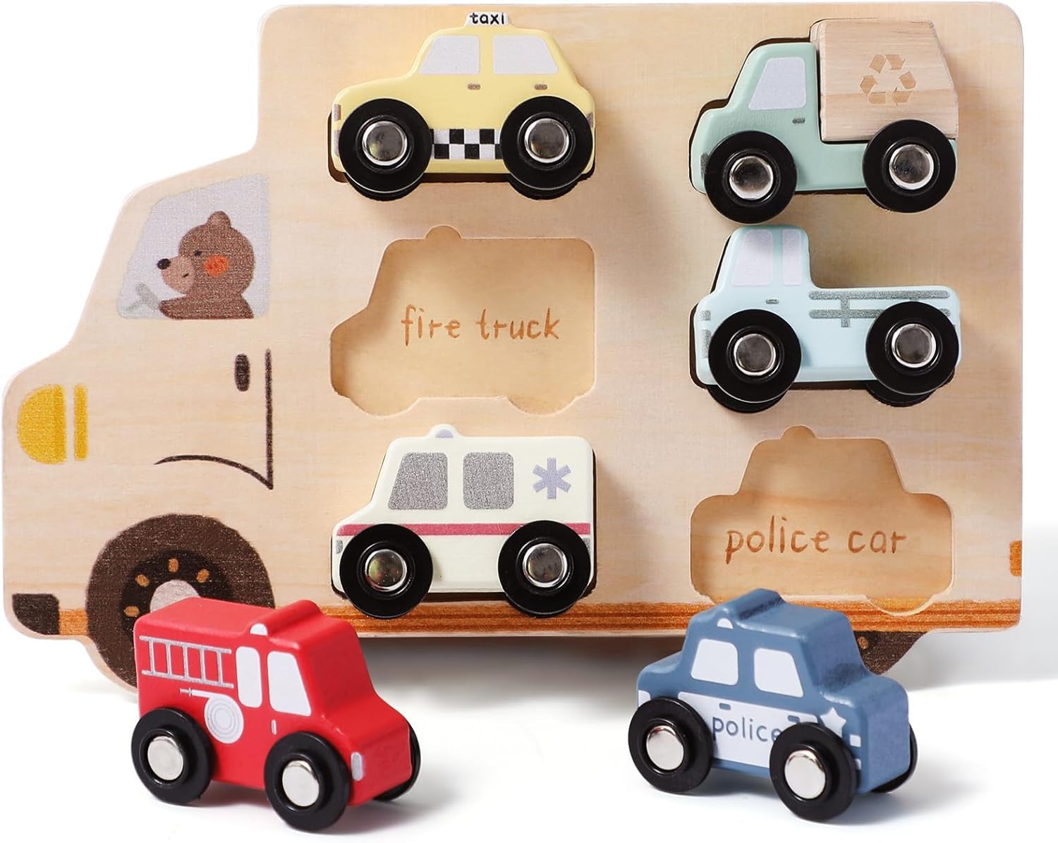 Wooden Cars Set for Kids - 6 Piece Vehicle Set Including Fire Engine, Ambulance, Cab and More - Wooden Play Cars for Boys Girls，Montessori Toys Gifts for 1-3 Year Olds Toddlers