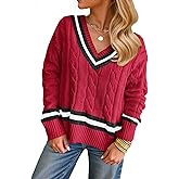 Saodimallsu Womens V Neck Cable Knit Sweaters Long Sleeve Color Block Preppy Sweater Fall Loose Casual Pullover Tops