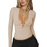 Hragc Women's Long Sleeve Deep V Neck Shirt Ribbed Knit Going Out Tops for Women Slim Fit Crop Trendy Y2k Casual Tight Shirts
