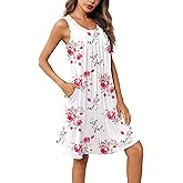 Ekouaer Women Nightgown with Pockets Sleep Shirts Sleeveless Sleepwear Pleated Front Nightshirt Round Neck Nightdress