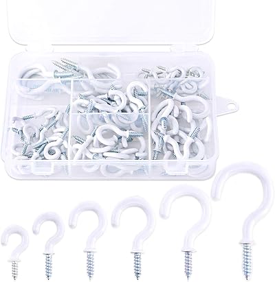 GLARKS 100 White Vinyl Cup Hooks Screw 6 Sizes Ceiling Mug Hangers Assortment