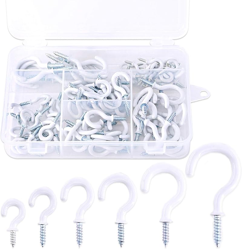 GLARKS 100 White Vinyl Cup Hooks Screw 6 Sizes Ceiling Mug Hangers Assortment