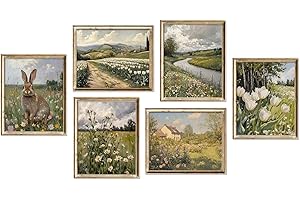 Cottagecore Wall Art Prints 8x10 Unframed – Farmhouse Rustic Spring Floral Artwork with Bunny & Countryside Landscape, Vintag