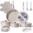 Chef Power Ceramic Nonstick Pots and Pans Set 19 Piece with Detachable Handle, Induction Dishwasher Oven Safe Cookware Set, RV Kitchen Set Removable Handle, Mocca Taupe