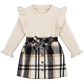 AlisOker Toddler Girl Plaid Outfits Fall Winter Clothes Knit Ribbed Sweatshirt Tops and Button Skirts Set