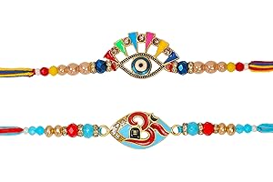 ARTISENIA Rakhi Set of 2 Rakhi for Brother with Raksha Bandhan Greeting Card | Roli Chawal Tika - Raksha Bandhan Designer Kundan Rakhi for Brother & Bhabhi | Rakhi for Bhaiya | Rakhi Thread VRK012