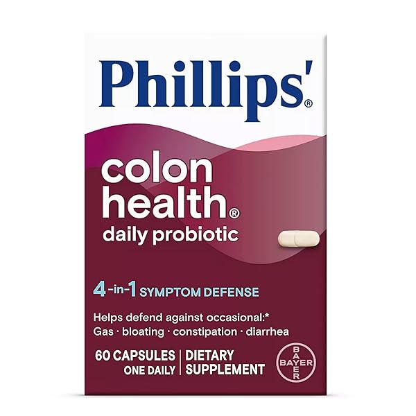 PHILLIPS’ COLON HEALTH DAILY PROBIOTIC CAPSULES, 4-IN-1 SYMPTOM DEFENSE TO HELP DEFEND AGAINST OCCASIONAL GAS, BLOATING, CONSTIPATION, AND DIARRHEA, DAILY SUPPLEMENT, 60 COUNT
