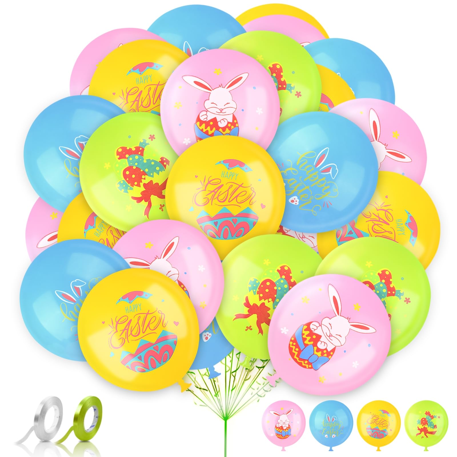 AhfuLife 32 Pcs Easter Balloons Decorations, 12 Inches Large Easter Balloons for Home, Blue, 3 Colors Yellow, Pink and Green for Home Party Indoor Outdoor Decoration Supplies