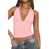 LCNBA Women's Sexy Backless Tie Up Halter Crop Top Deep V Neck Going Out Tops