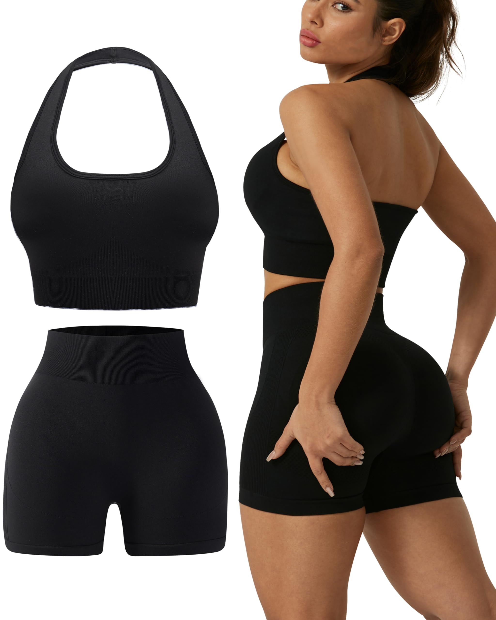 ABOCIW Workout Sets For Women 2 Piece Seamless Halter Sports Bra Scrunch Butt Impact Shorts Gym Yoga Outfits - View #13
