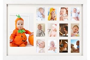 GMFrames 12 Month Picture Frame Baby First Years Photo Frames School Years Graduation Photo Collage White Horizontal Frame with Mat, Displays One 4x6 Photo and Twelve 2x3 Pictures