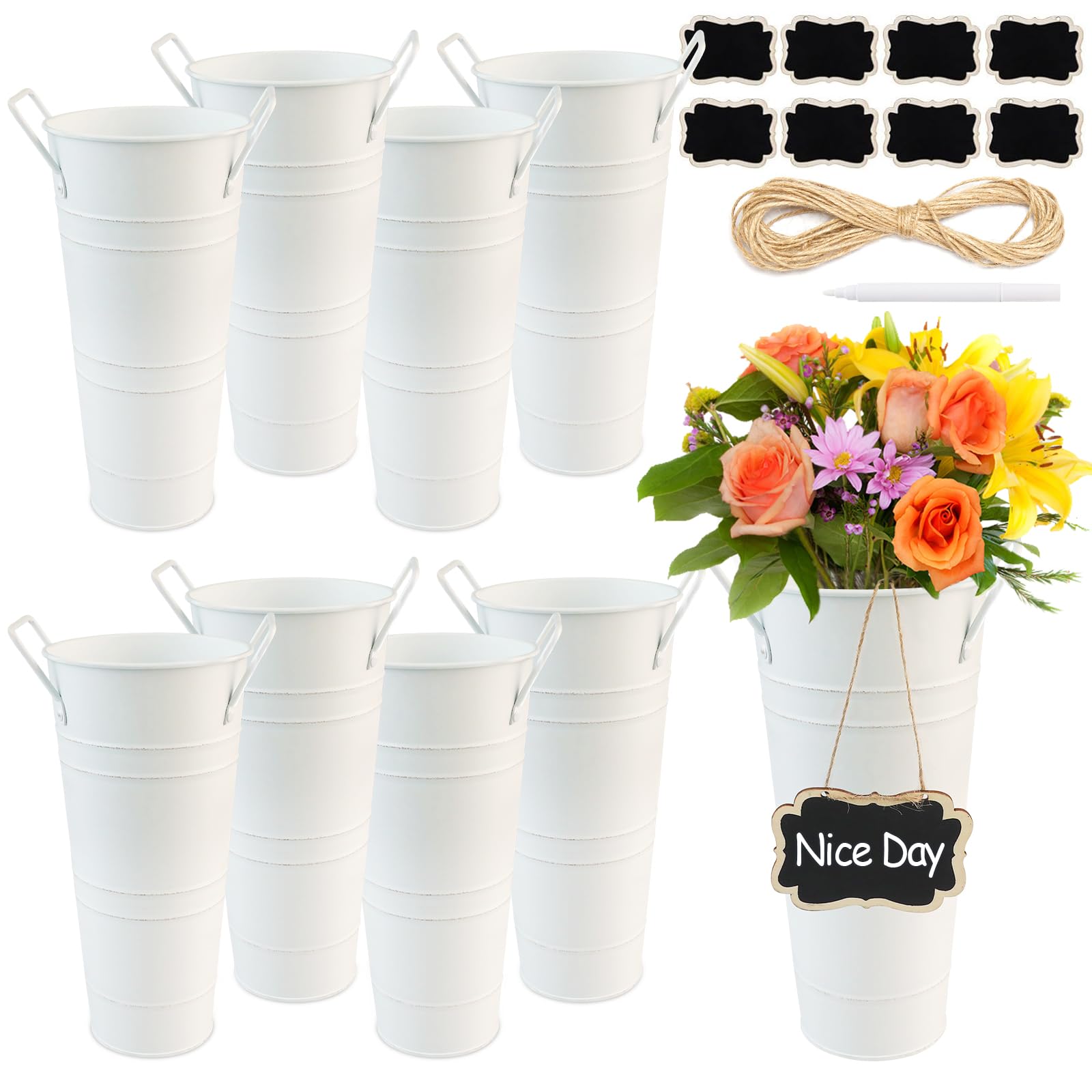 Photo 1 of Galvanized Flower Bucket,Metal Vases for Flowers 10 Inch High,Flower Buckets for Flower Bar,Flower Bar Buckets Set Including Metal Flower Buckets,Liquid Chalk,Wooden Chalkboard,Hemp Rope