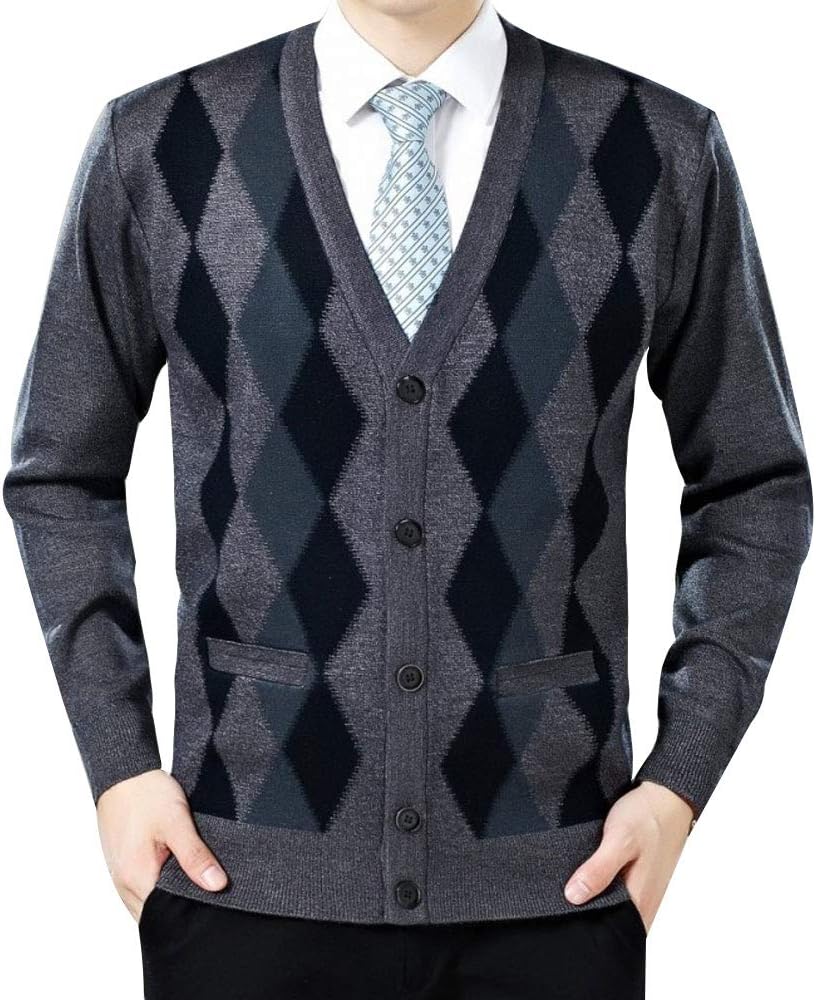 LINGMIN Men's Argyle V-Neck Cardigan Sweaters Casual Button Down Long Sleeve Sweater