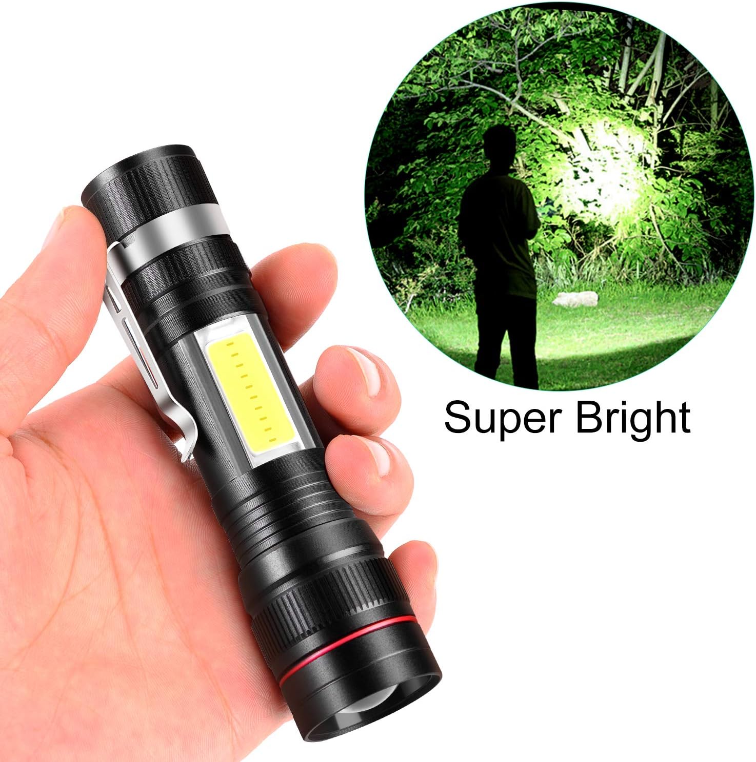 Rechargeable LED Flashlight T6 with Cob Sidelight, CoaTaco High Lumens Super Bright Mini Torch Handheld Flashlight with Clip, Zoomable, Water Resistant, 3 Light Modes (2 Pack) - - 