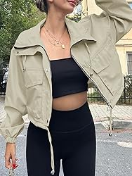 Tankaneo Womens Cropped Jacket Zip Up Lightweight