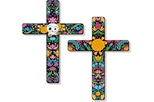 Bnesi 2 Pcs Floral Cross Wall Decor Mexican Home Decor Ofrenda Decoration Day of The Dead Decoration Spanish Style Crucifix Wall Cross for Home Room Church Decor