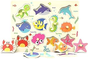 Z MAYABBO Wooden Peg Puzzle, Sea Creature Chunky Baby Puzzles, Colorful Wood Shape Puzzle Peg Board, Animal Knob Puzzles for Educational Toddlers 18 Months and Up, 11 Pieces
