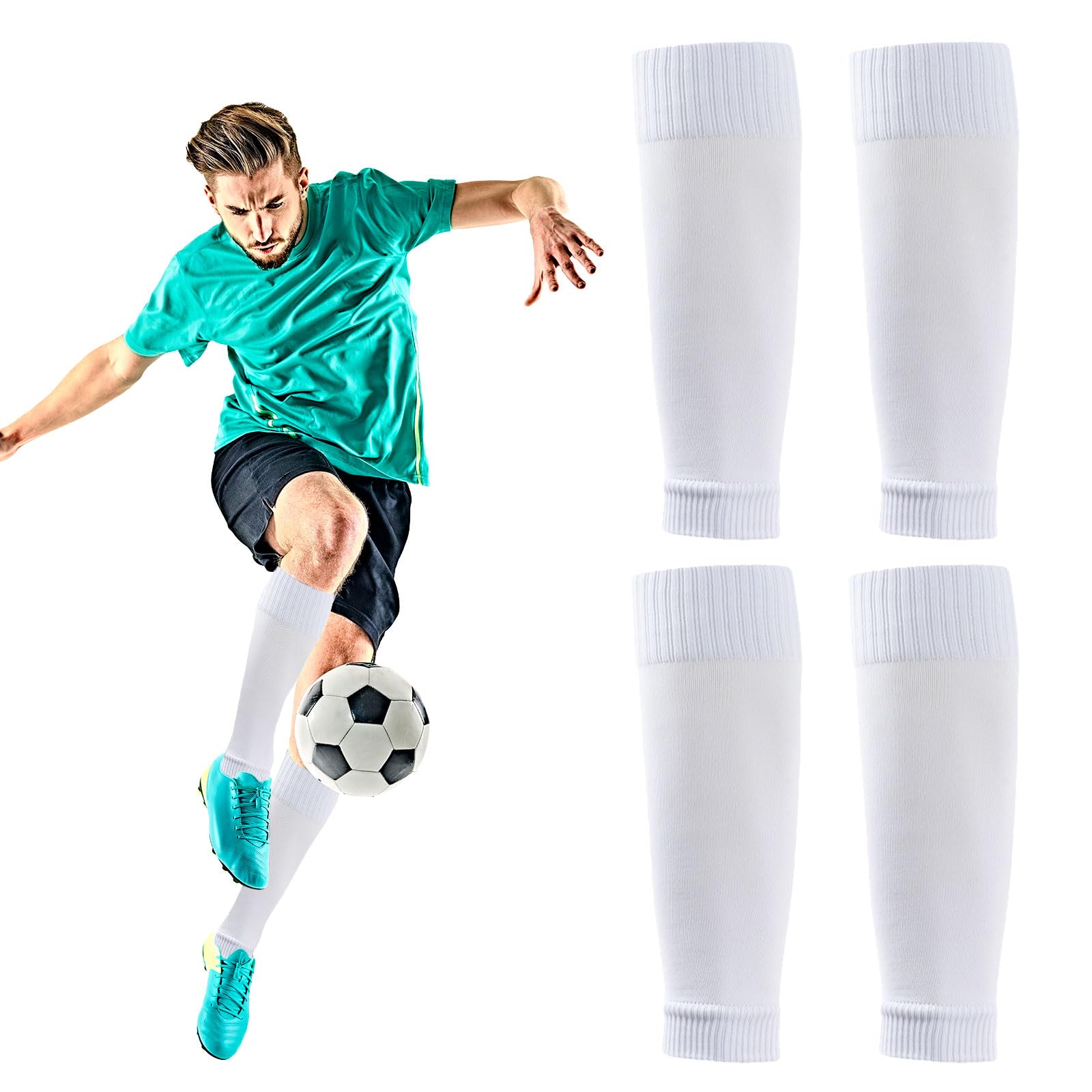 EUPSIIU 2 Pairs Football Sock Sleeves, White Soccer Socks, Shin Guards Sleeves, Elastic Durable for Men, Running Training (White)