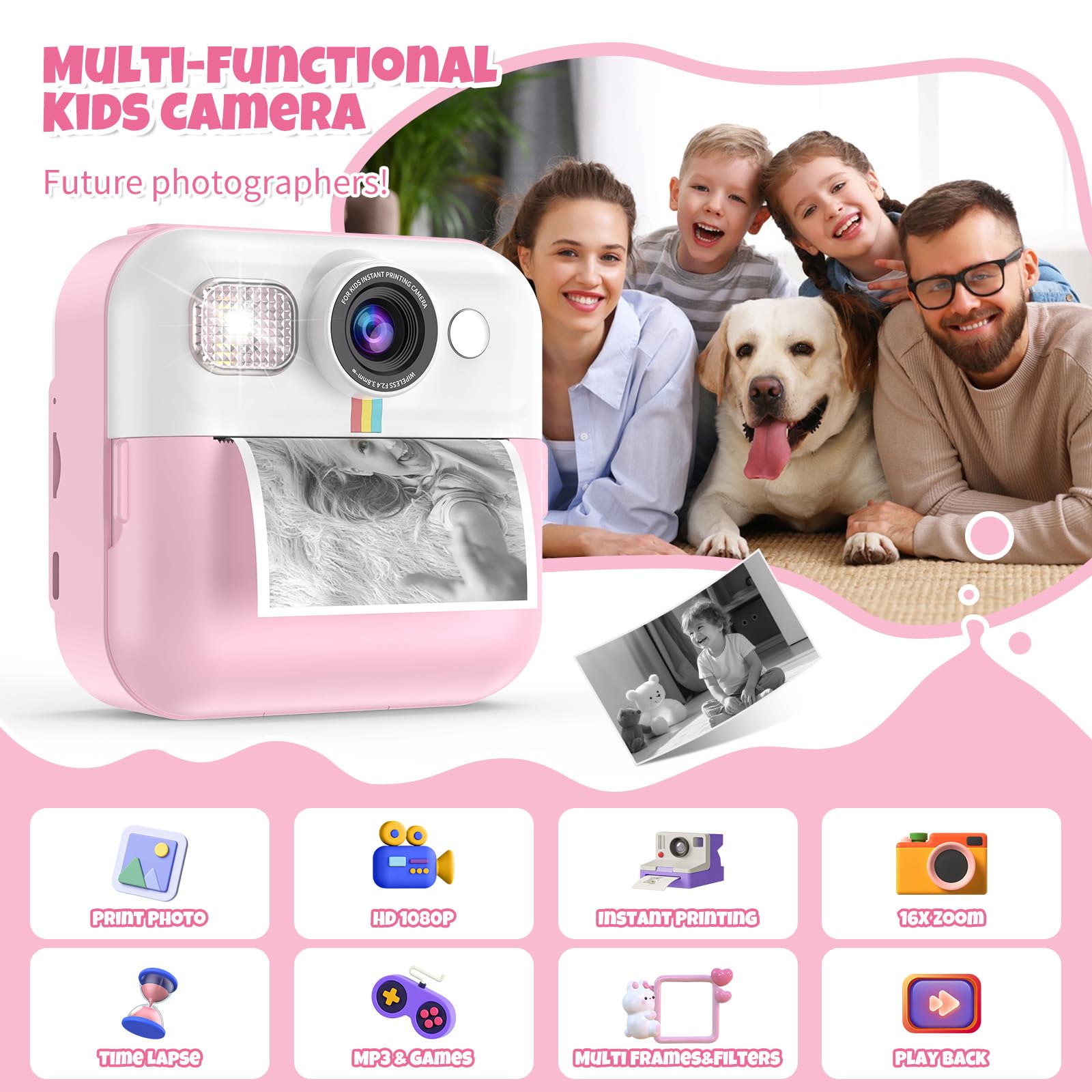 BOFIDAR Instant Print Camera for Kids, Christmas Birthday Gifts for Girls Age 3-10, Toddler Toy for 3 4 5 6 7 8 9 10 Year Old Girls with 3 Roller Photo Paper (Pink)