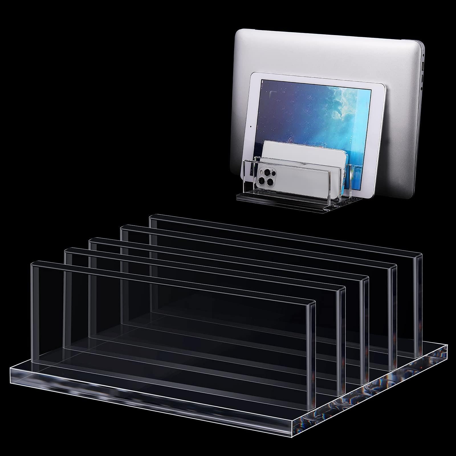 Photo 1 of Frienda 1 Piece 4-Compartment Acrylic Vertical Laptop Stand, Can Accommodate with a Thickness of Less Than 2 cm, Fits Most Laptop (Clear)