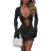 Saodimallsu Womens Crochet Swimsuit Cover Up Long Bell Sleeve V Neck Tie Mesh Knit Summer Beach Dress Vacation Outfits