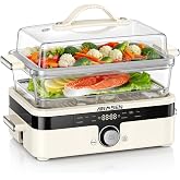 AIRMSEN Glass Food Steamer for Cooking | 8.5QT 2-Tier &amp; External Water Tank | Oil-Free Healthy Cooking, No Plastic Food Contact, 1200W Fast Steam for Veggies, Seafood &amp; Rice, Dishwasher Safe