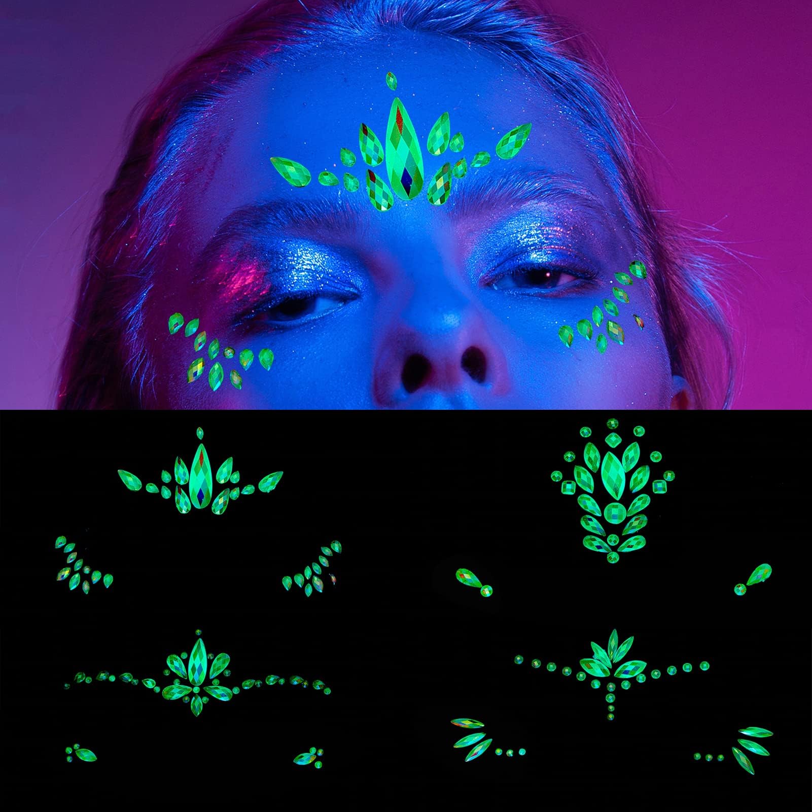 NICENEEDED 4 Pcs Face Gems Glow in Dark, Face Jewels for Festivals, Self-Adhesive Glitter Face Stickers Crystal Face Gems Stick on Rave Party Make Up Accessories for Eyes Face Body Temporary Tattoos