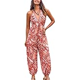 CUPSHE Women's Plunge Halter Sleeveless Pleated Long Romper Knit Jogger Maxi Jumpsuit with Pockets