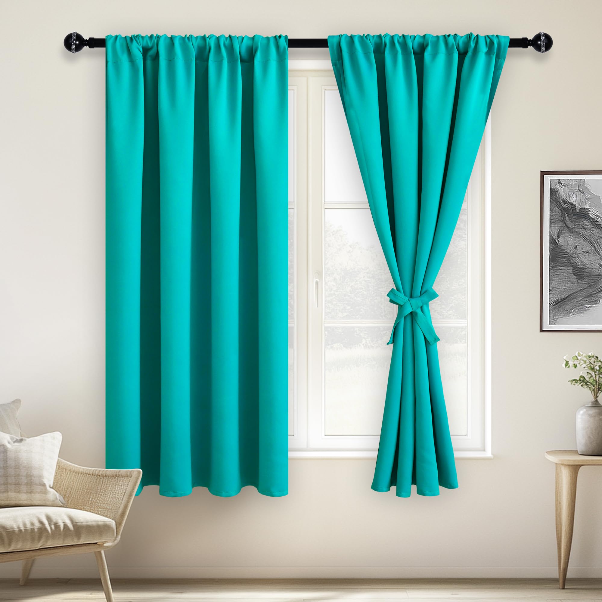 JIUZHEN Blackout Curtains for Bedroom– Thermal Insulated,Noise Reducing Room Darkening Privacy Drapes for Living Room, Set of 2 Panels with Tiebacks, 42 x 63 inch Long, Peacock Blue Image