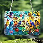 Birds on A Branch Stained Window Hanging Ornament, Spring Birds Stained Acrylic Double-Sided Printed Window Panel, Great Gift for Mom Grandma and Birds Lover for Birthday Mother's Day or Housewarming