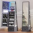 Vlsrka Mirror Jewelry Cabinet Standing, 360° Swivel Jewelry Armoire with Full Length Mirror, Lockable Mirror with Jewelry Storage, 3-Color LED Lights, Foldable Makeup Shelf, Grey
