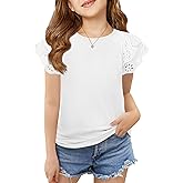 Haloumoning Girls Ruffle Sleeve T Shirts Summer Short Sleeve Casual Cute Crewneck Tops Tees 5-14 Years