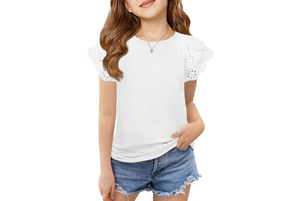 Haloumoning Girls Ruffle Sleeve T Shirts Summer Short Sleeve Casual Cute Crewneck Tops Tees 5-14 Years